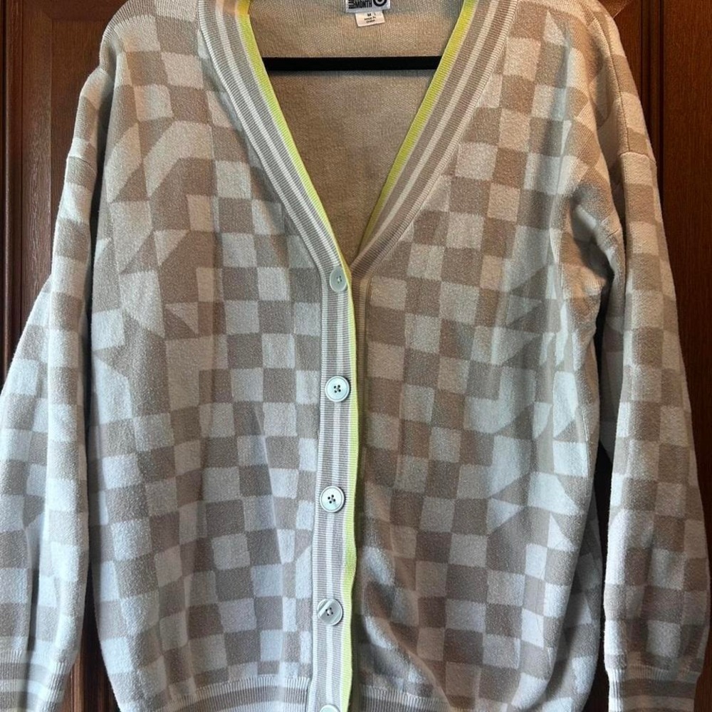 Men's Medium Quilt‎ Pattern Cardigan Tan/Cream EUC Checkered Button up